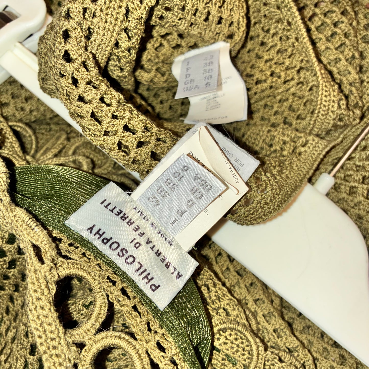 Alberta Ferretti S/S 2000 olive crochet set