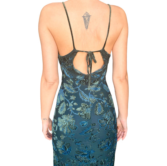 Italian Designer 90s Emerald Velvet appliqués maxi dress