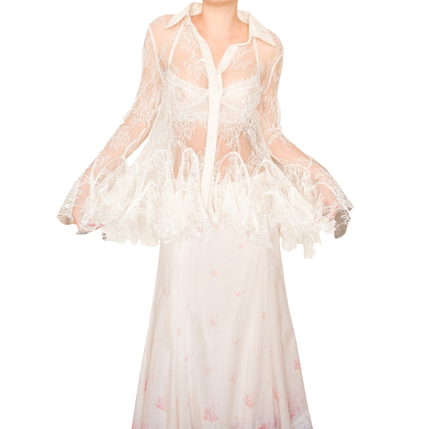 Sheer Ivory Lace Godet Button-Up Shirt