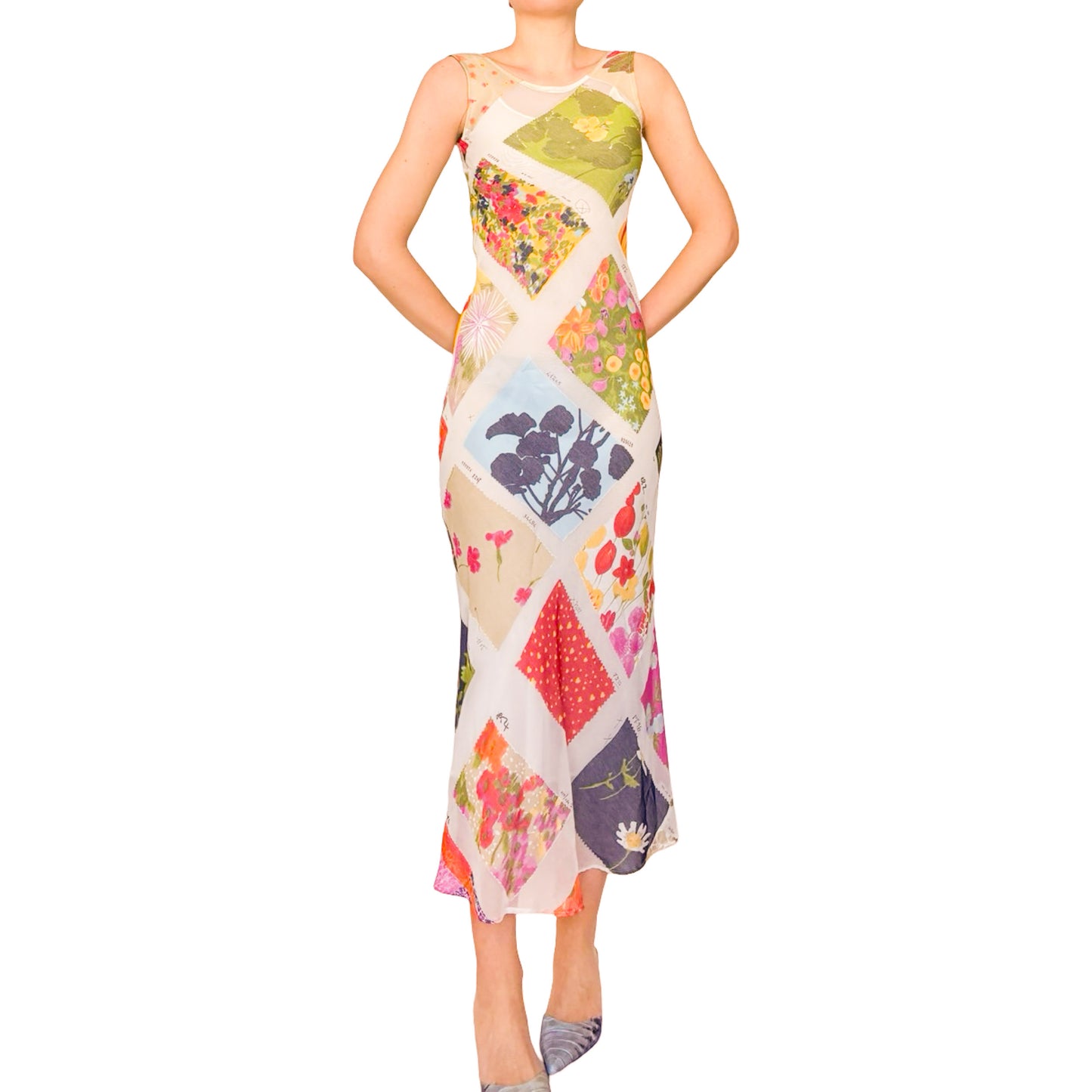 Moschino 90s Rare Mesh Garden Print Dress