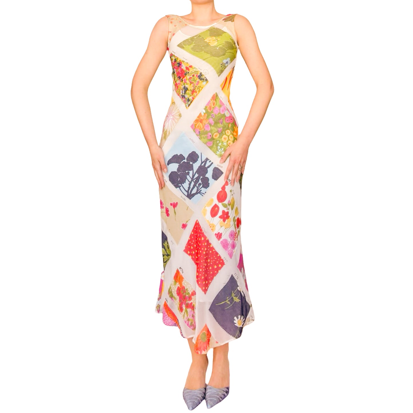Moschino 90s Rare Mesh Garden Print Dress