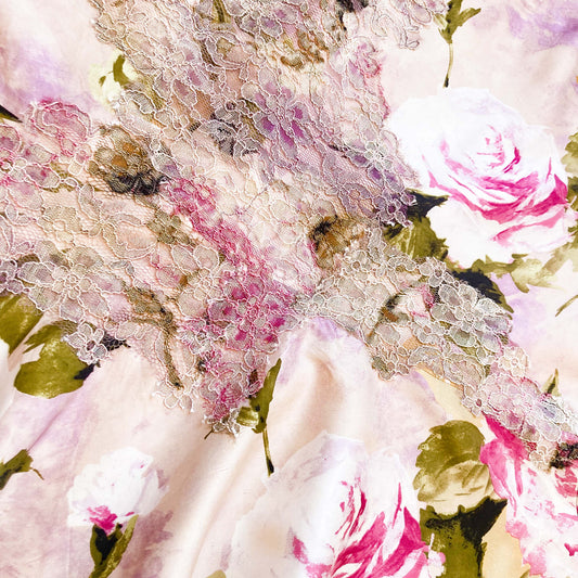 Luxury French designer 2000s silk skirt with lace appliqués