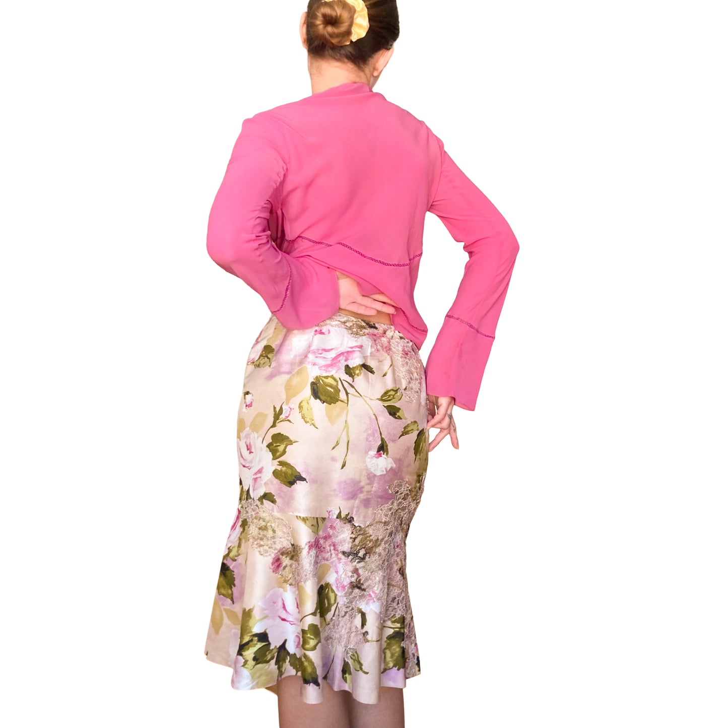 Luxury French designer 2000s silk skirt with lace appliqués