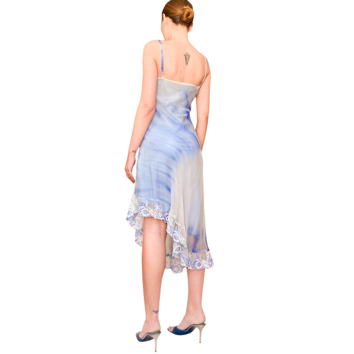 French 2000s Blue Tie-Dye Silk Dress with Embroidered Lace