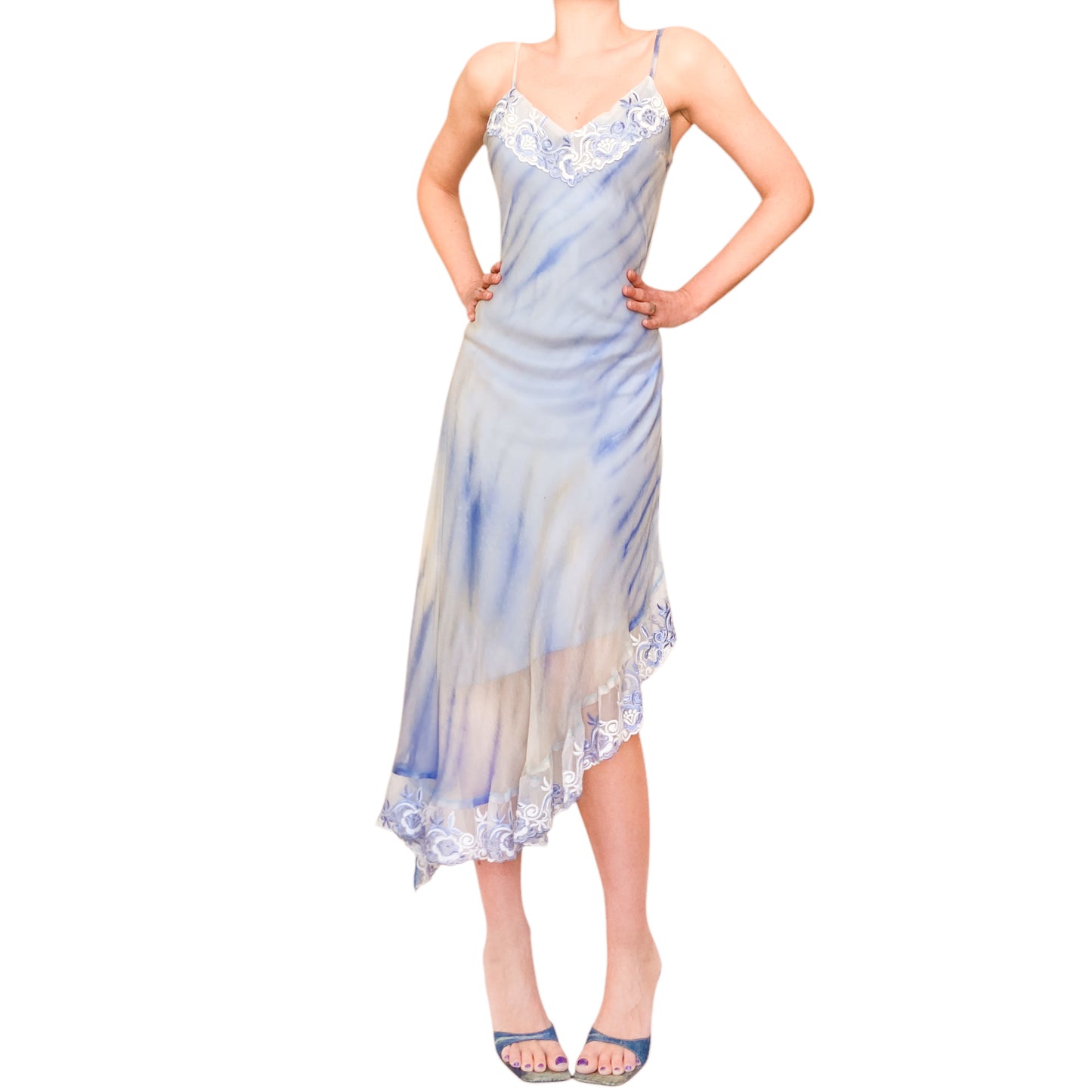 French 2000s Blue Tie-Dye Silk Dress with Embroidered Lace