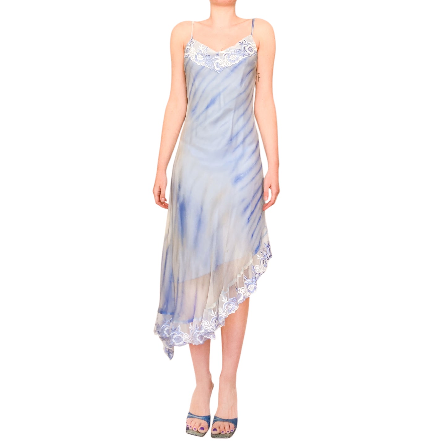 French 2000s Blue Tie-Dye Silk Dress with Embroidered Lace
