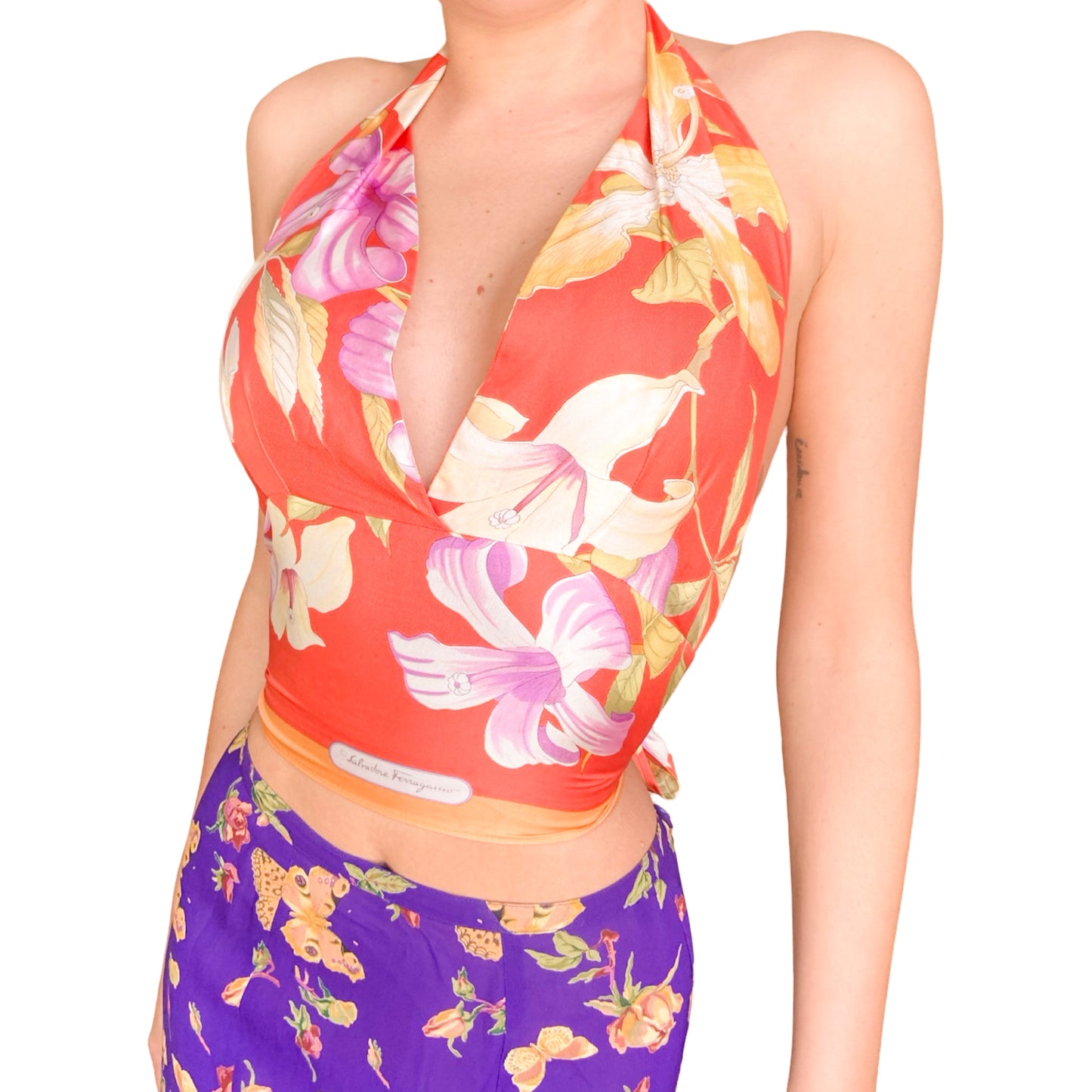 Salvatore Ferragamo vintage "Lilies" silk wrapped top