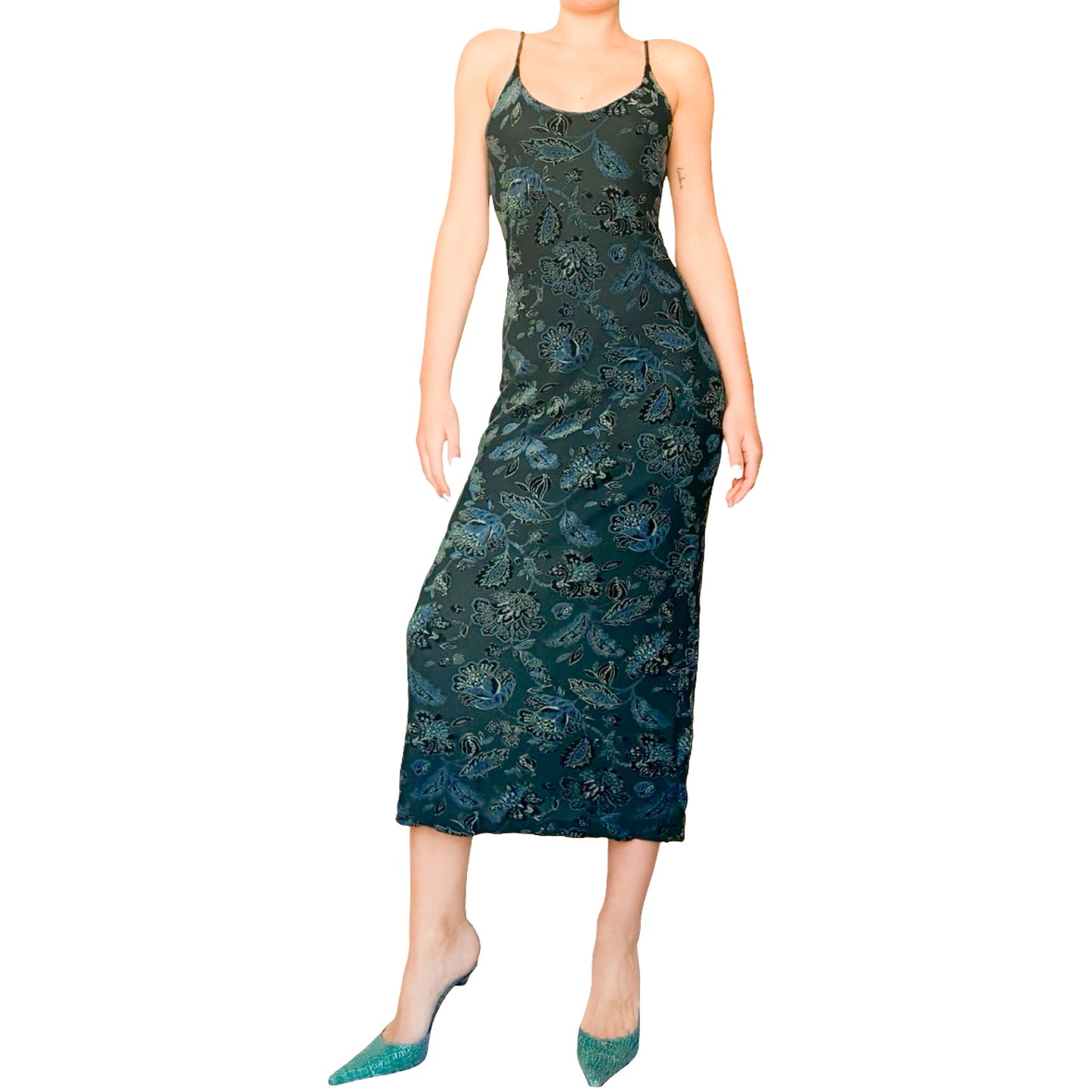 Italian Designer 90s Emerald Velvet appliqués maxi dress