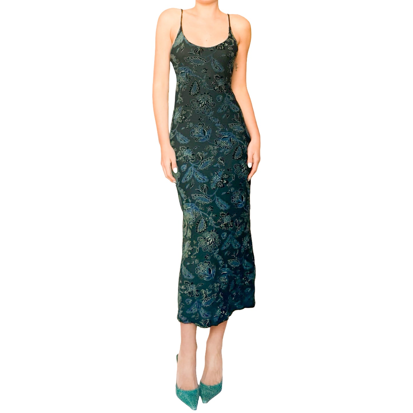 Italian Designer 90s Emerald Velvet appliqués maxi dress