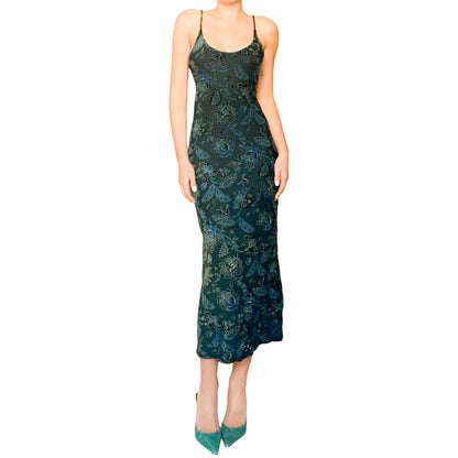 Italian Designer 90s Emerald Velvet appliqués maxi dress