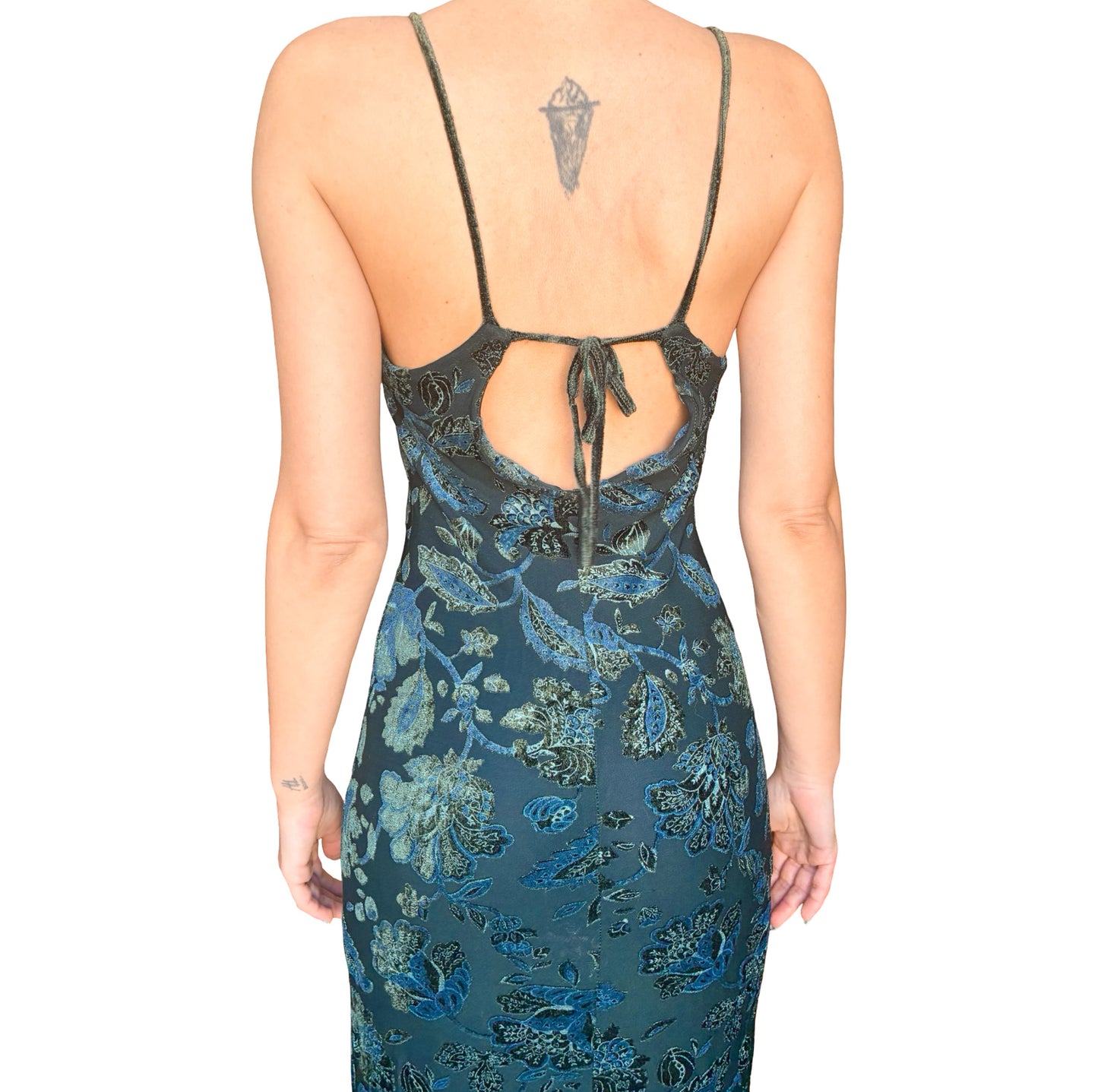 Italian Designer 90s Emerald Velvet appliqués maxi dress