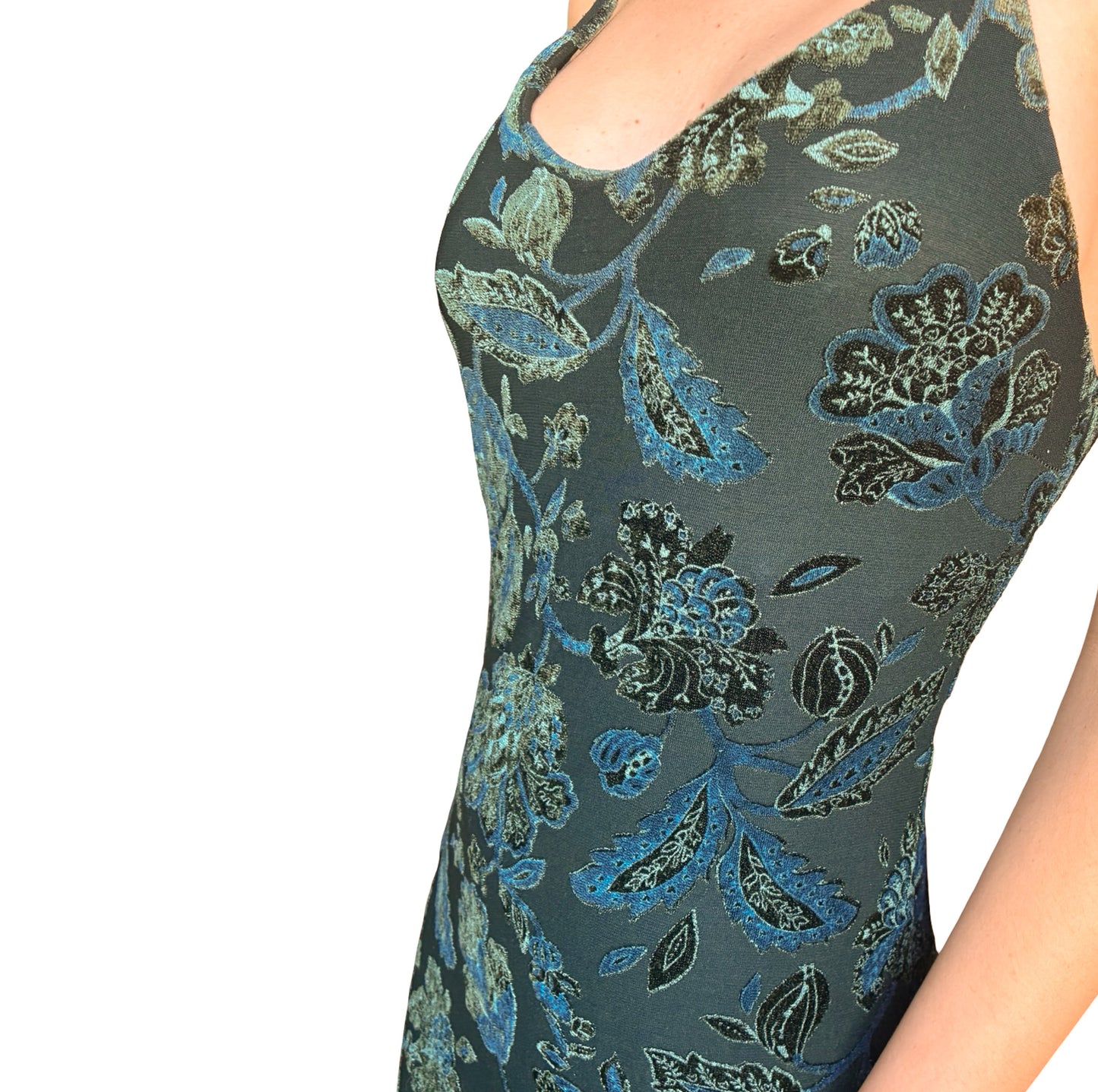 Italian Designer 90s Emerald Velvet appliqués maxi dress