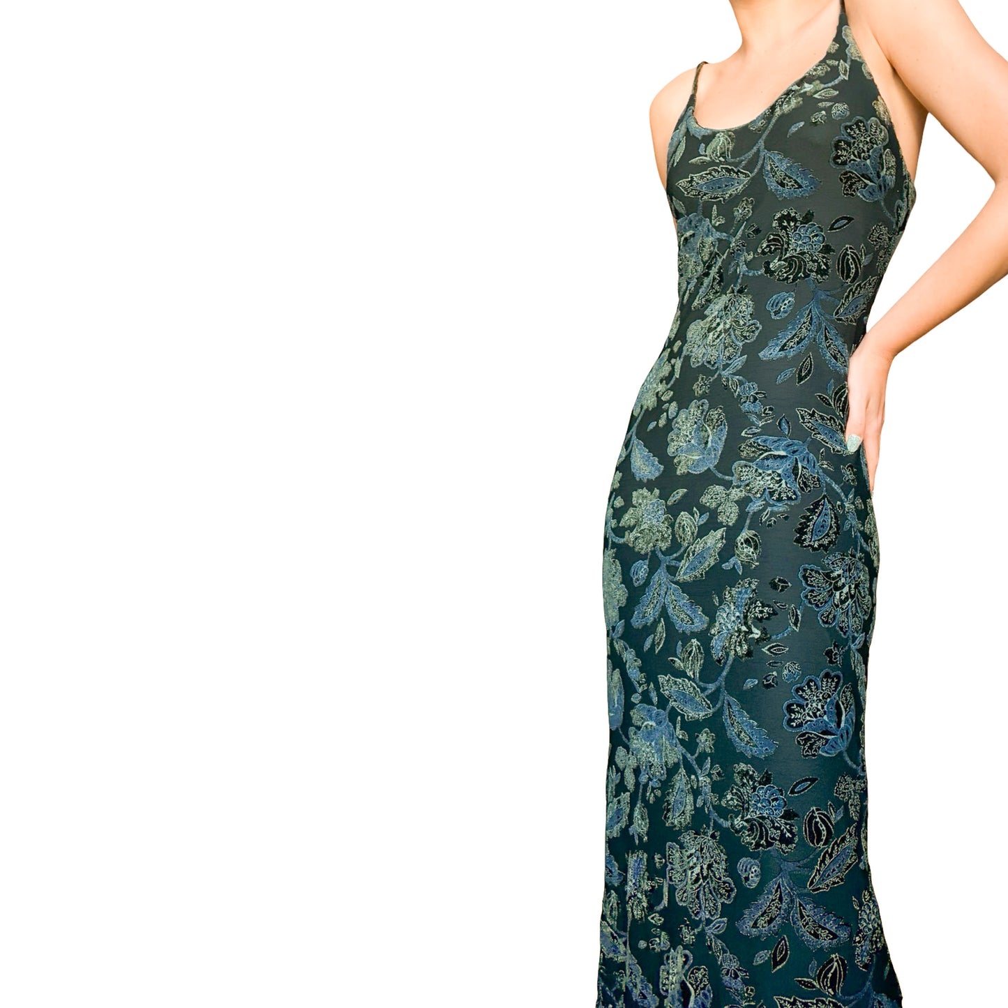 Italian Designer 90s Emerald Velvet appliqués maxi dress