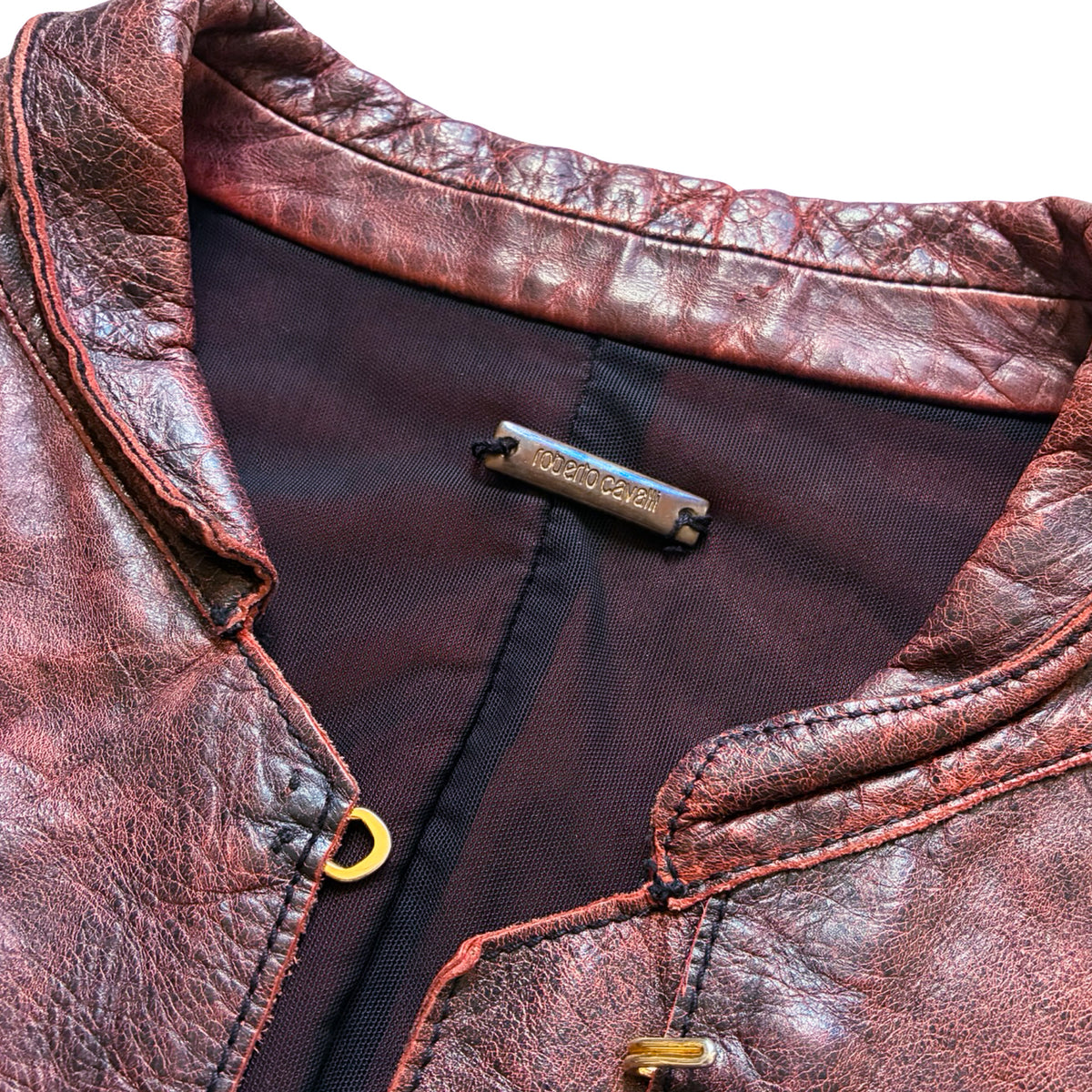 Roberto Cavalli 2001 Burnished Red Leather Hook Jacket