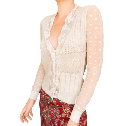 Cashmere Wool Knit & Sheer Lace Cardigan