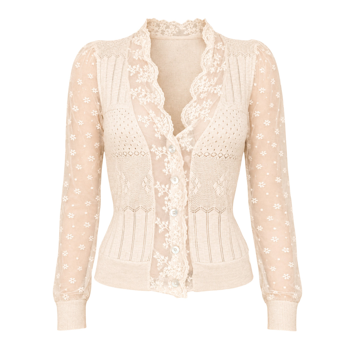 Cashmere Wool Knit & Sheer Lace Cardigan