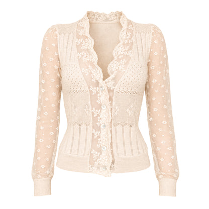 Cashmere Wool Knit & Sheer Lace Cardigan
