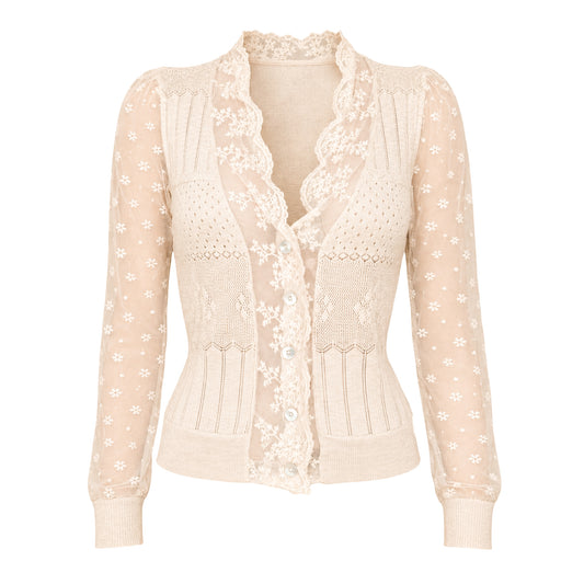 Cashmere Wool Knit & Sheer Lace Cardigan