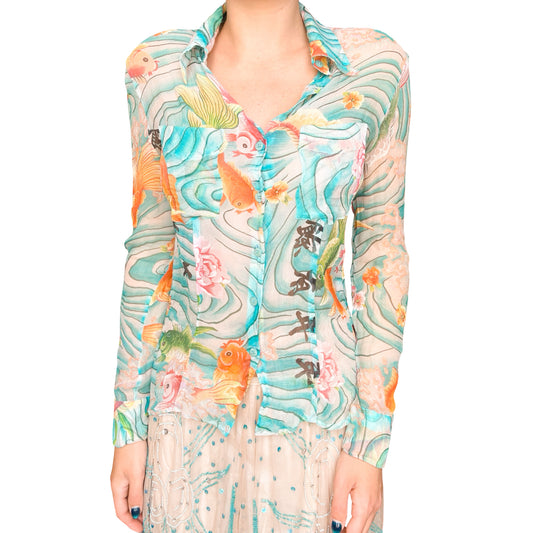 Kenzo Early 2000s Koi & Blessings Silk Shirt