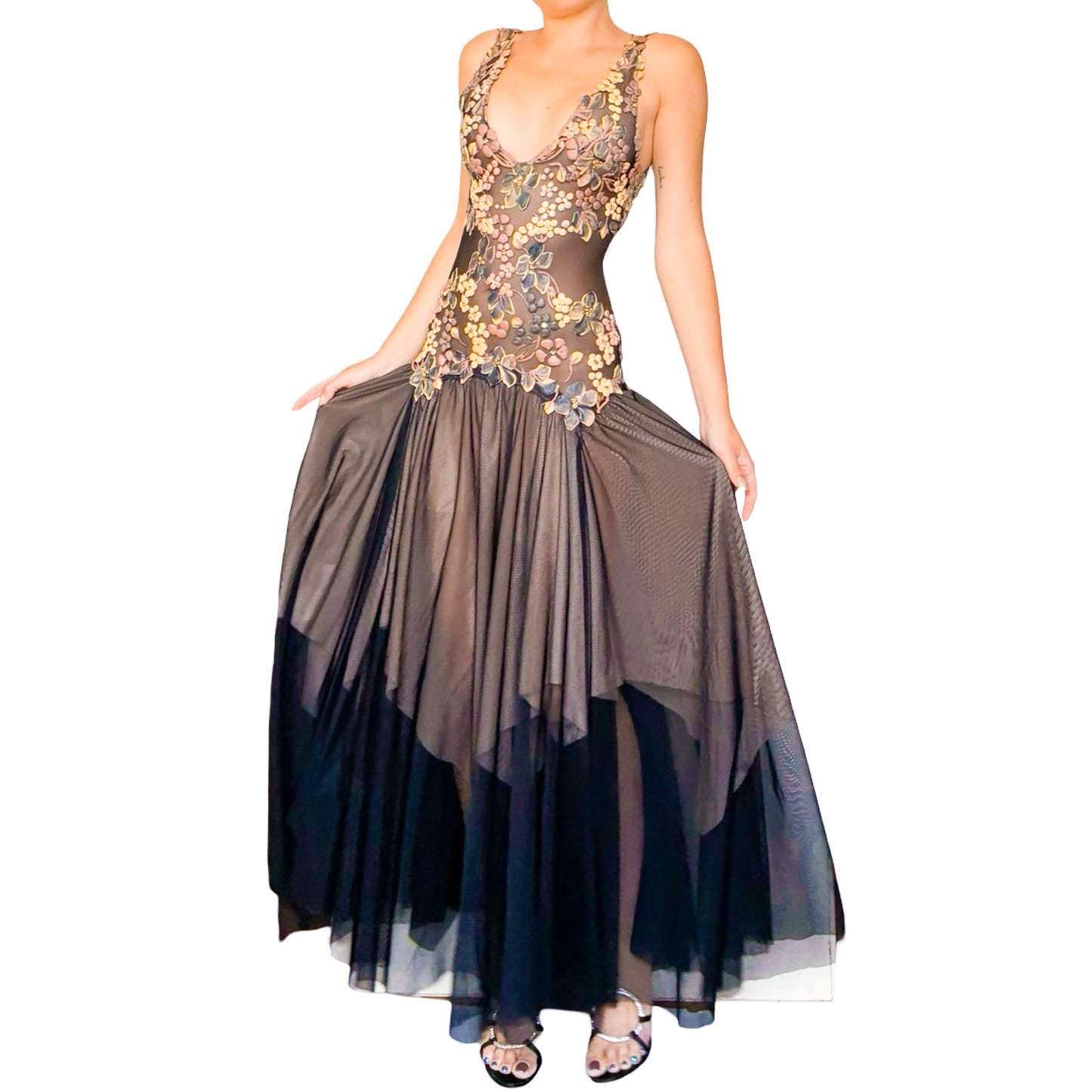 Ema Savahl Couture 2000 3D Floral Garden Maxi Gown