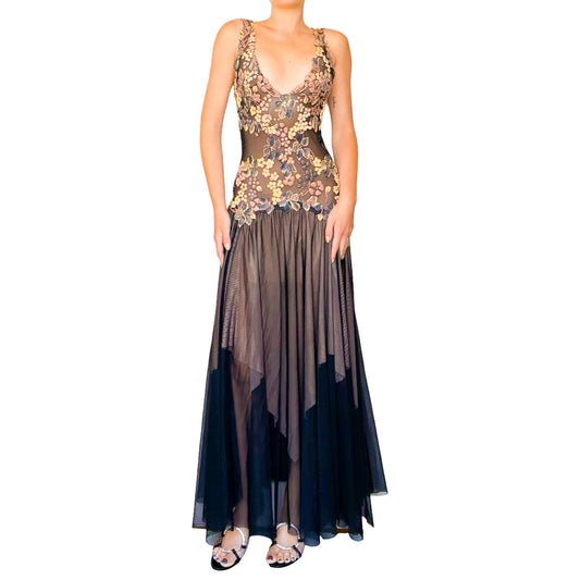 Ema Savahl Couture 2000 3D Floral Garden Maxi Gown