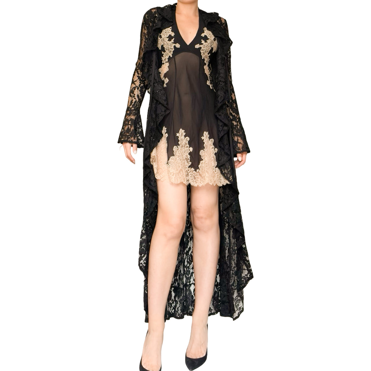 90's Italian Sheer Floral Lace Maxi Trench