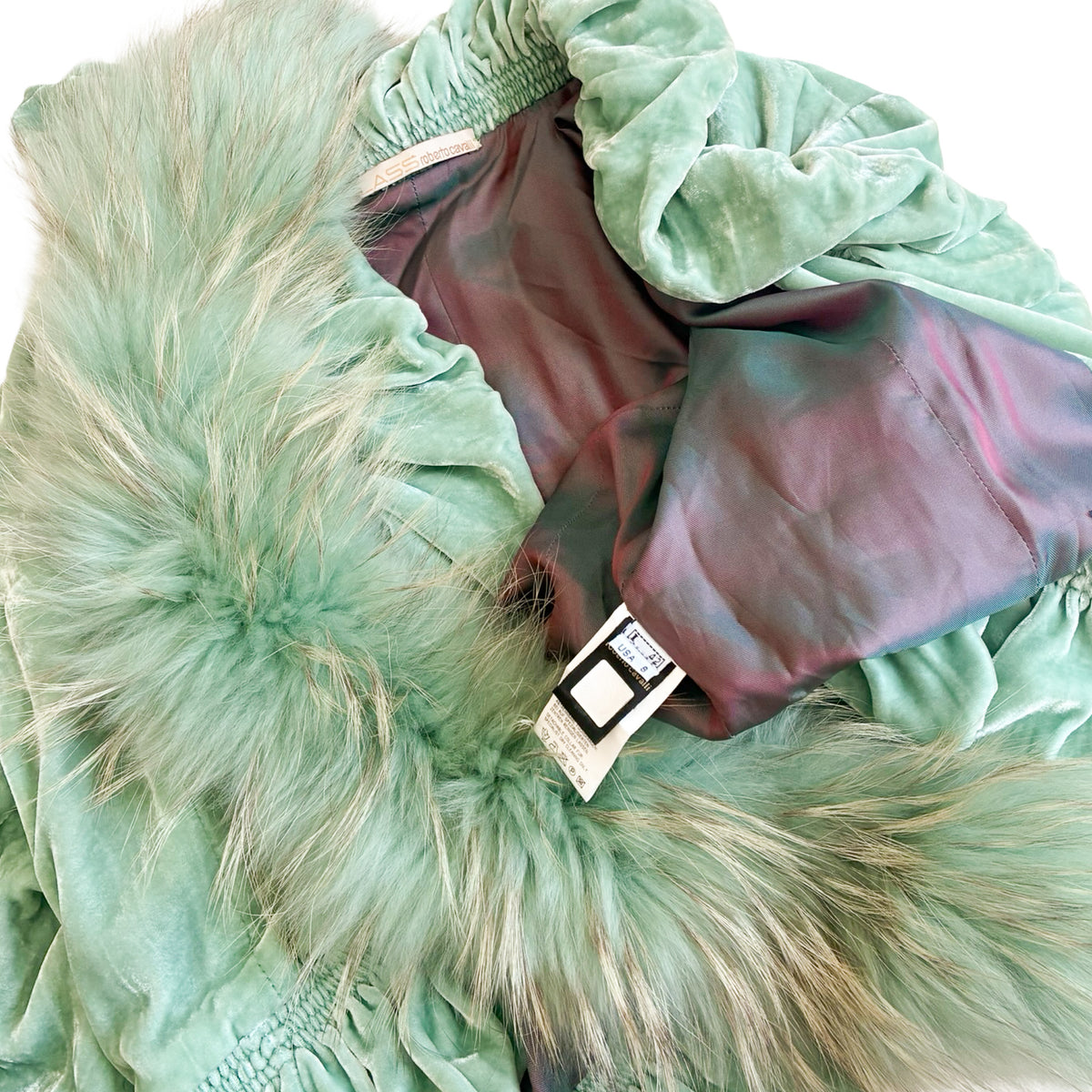 Roberto Cavalli Mint Silk Velvet Jacket with Fox Fur