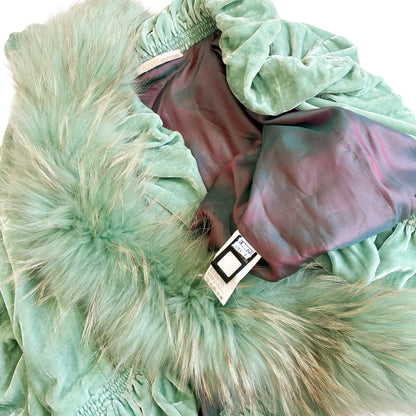 Roberto Cavalli Mint Silk Velvet Jacket with Fox Fur