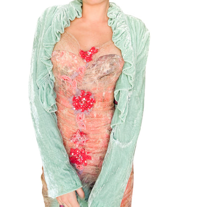 Roberto Cavalli Mint Silk Velvet Jacket with Fox Fur