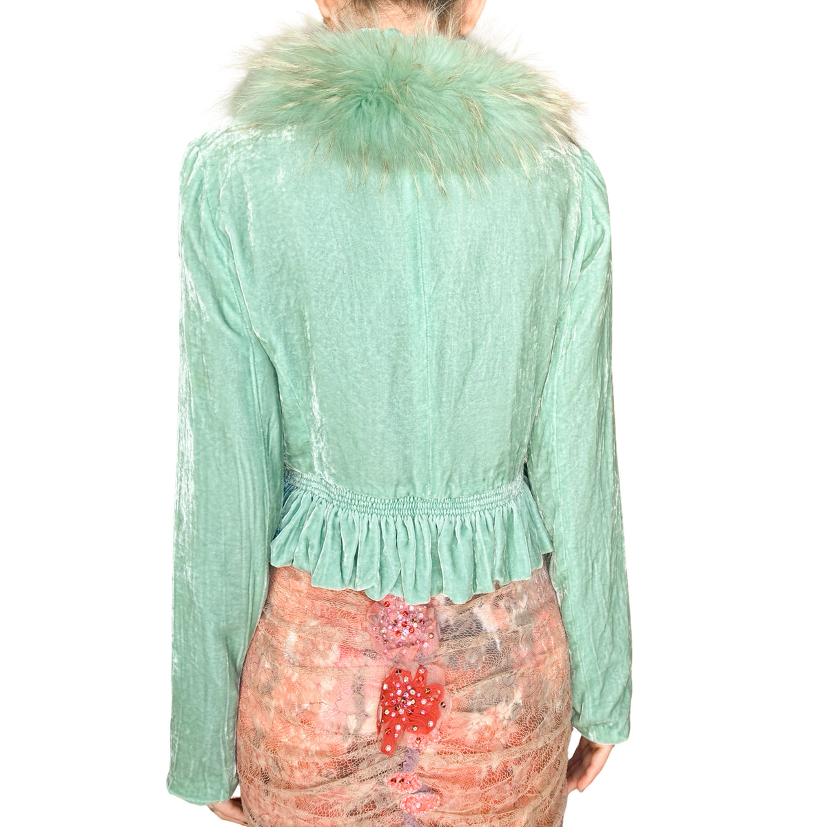 Roberto Cavalli Mint Silk Velvet Jacket with Fox Fur