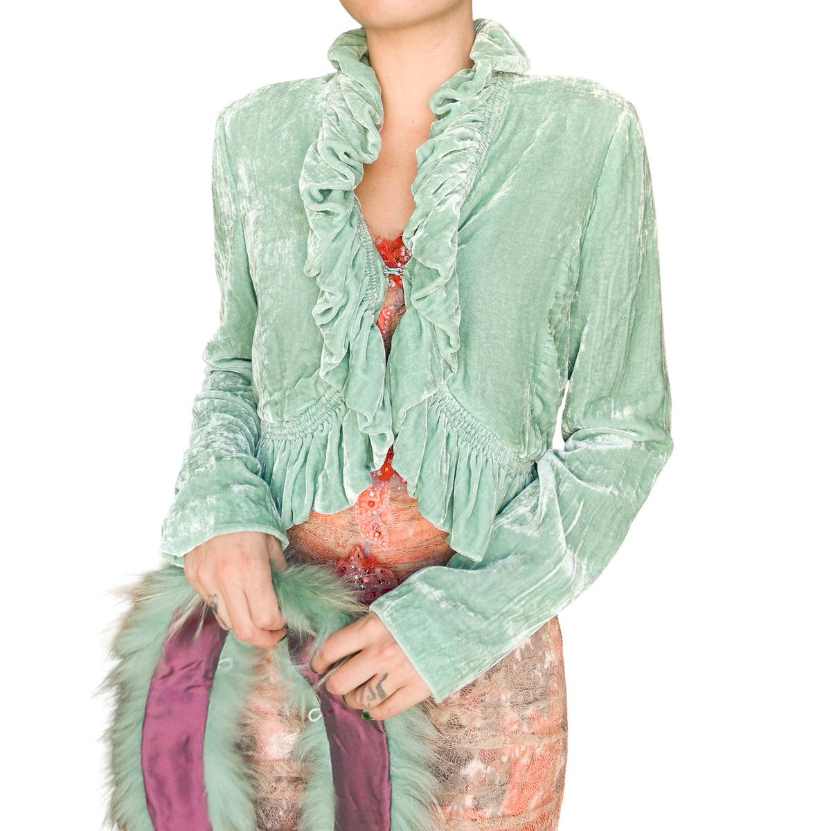 Roberto Cavalli Mint Silk Velvet Jacket with Fox Fur
