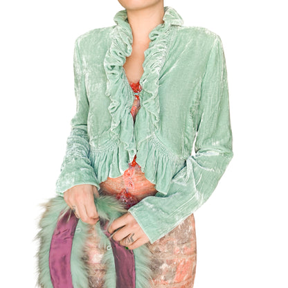 Roberto Cavalli Mint Silk Velvet Jacket with Fox Fur