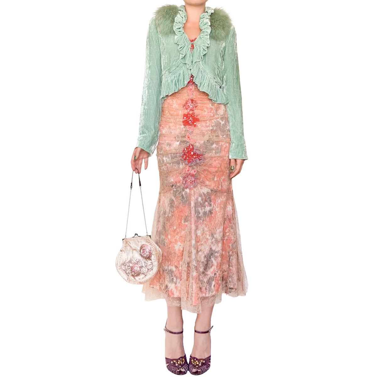 Roberto Cavalli Mint Silk Velvet Jacket with Fox Fur