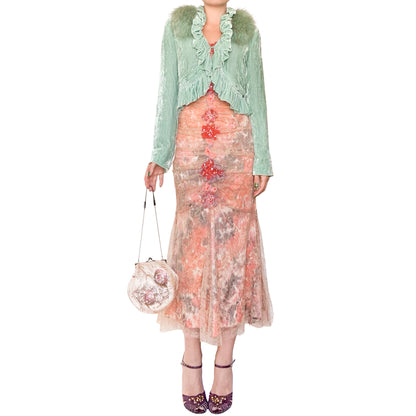 Roberto Cavalli Mint Silk Velvet Jacket with Fox Fur