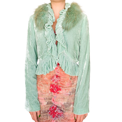Roberto Cavalli Mint Silk Velvet Jacket with Fox Fur