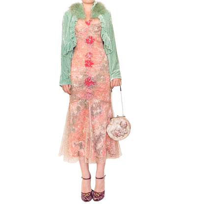 Roberto Cavalli Mint Silk Velvet Jacket with Fox Fur