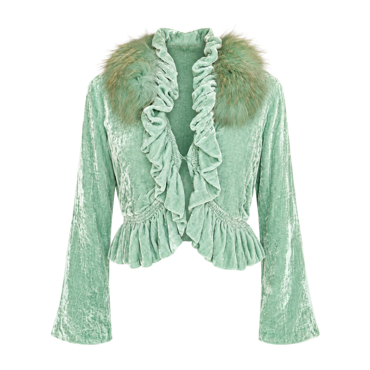 Roberto Cavalli Mint Silk Velvet Jacket with Fox Fur