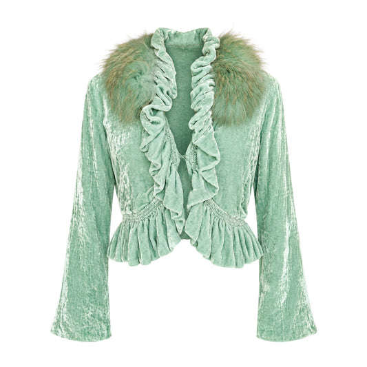 Roberto Cavalli Mint Silk Velvet Jacket with Fox Fur