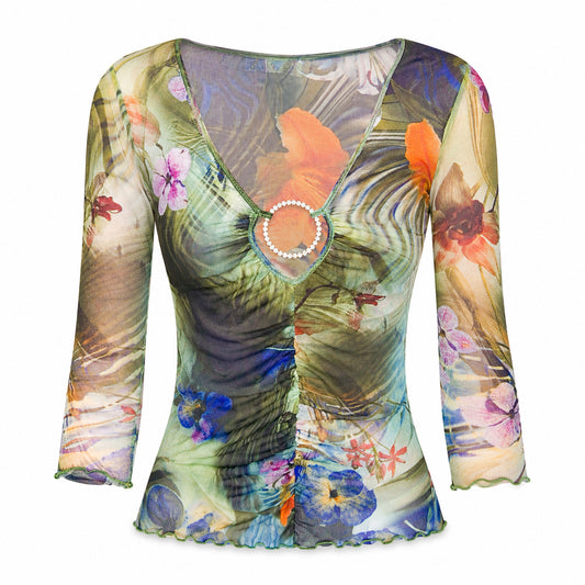 Italian Tropical Y2K Mesh Crystal Ring Top