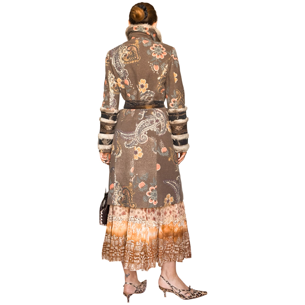 Italian Designer 90's Boho Brocade & Fur Coat