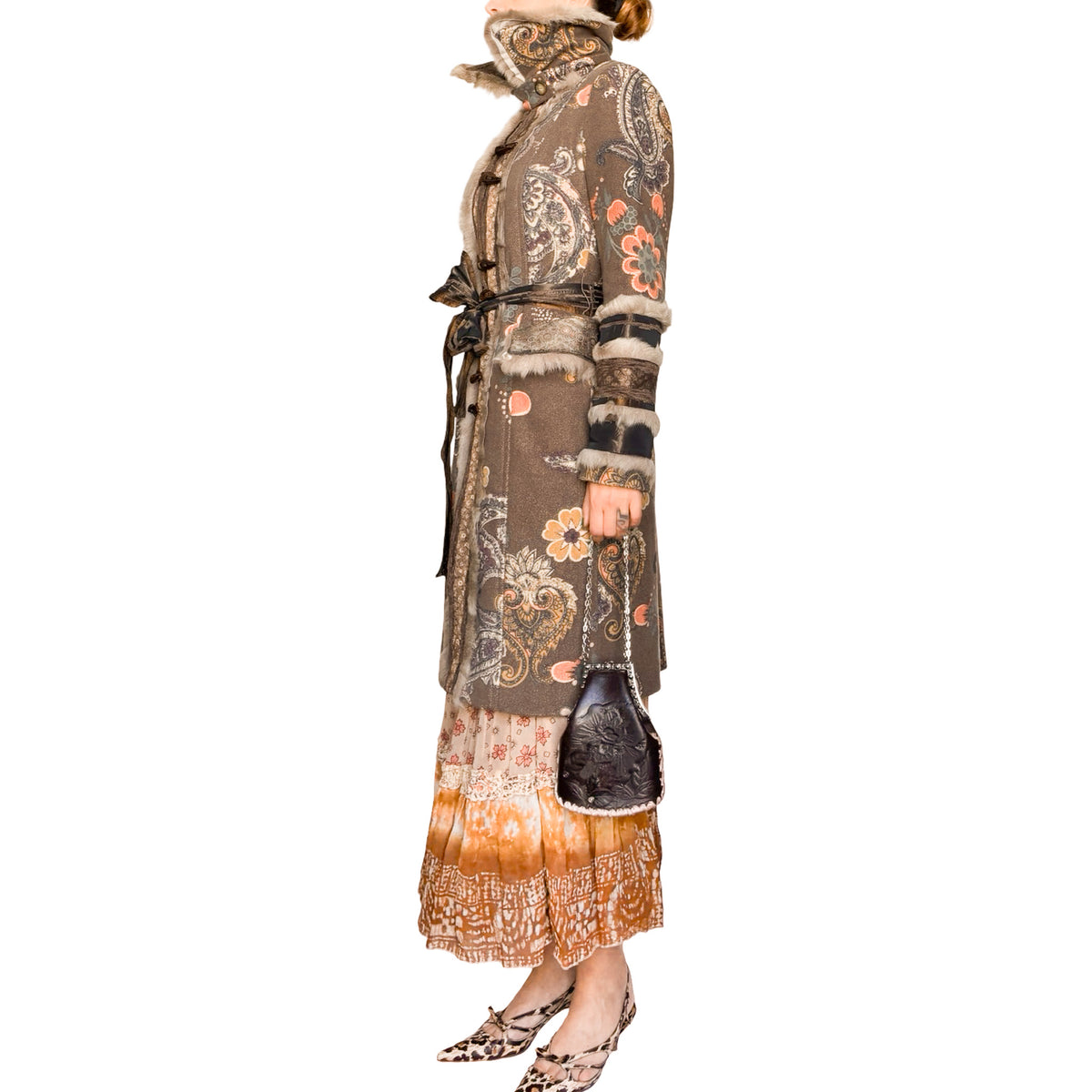 Italian Designer 90's Boho Brocade & Fur Coat
