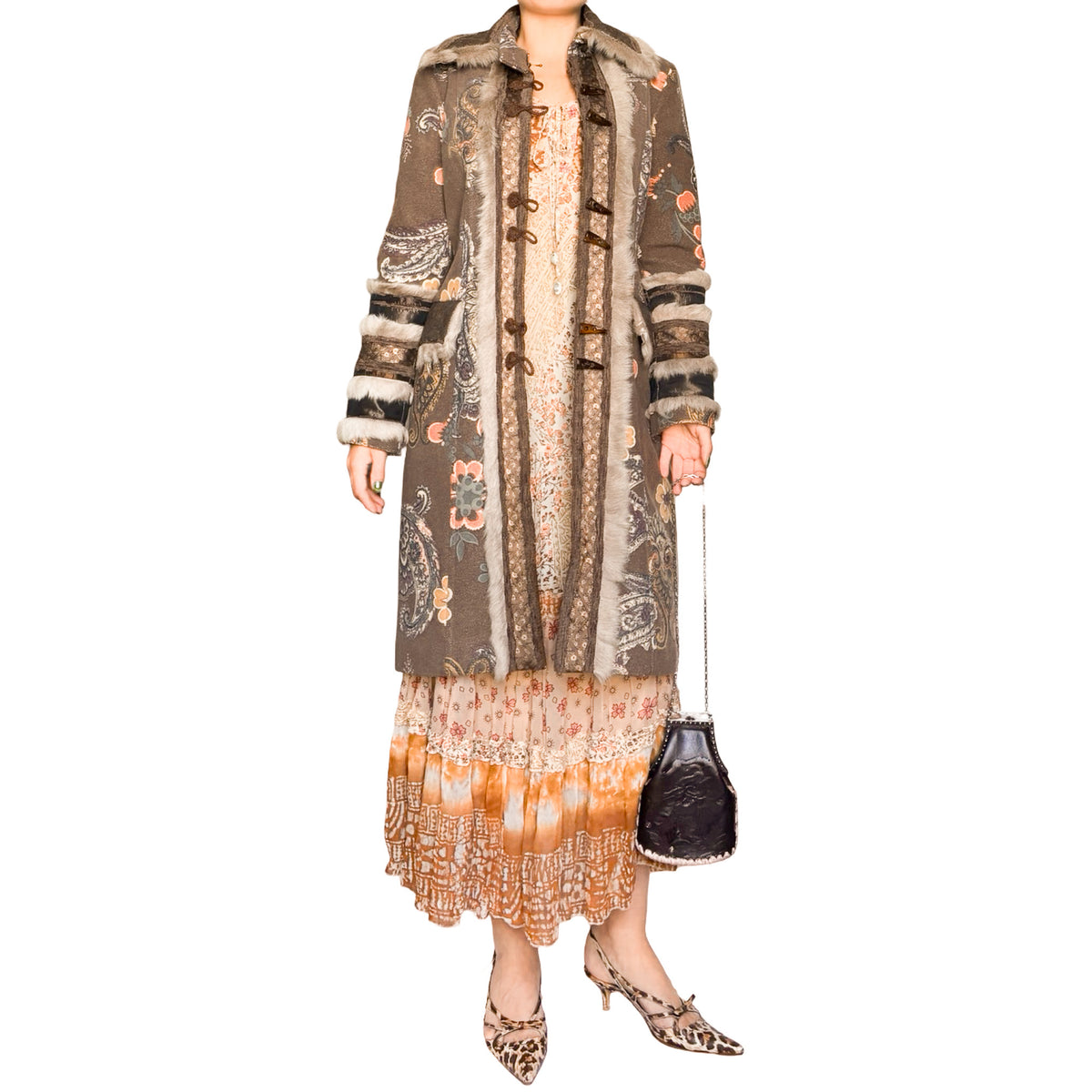 Italian Designer 90's Boho Brocade & Fur Coat