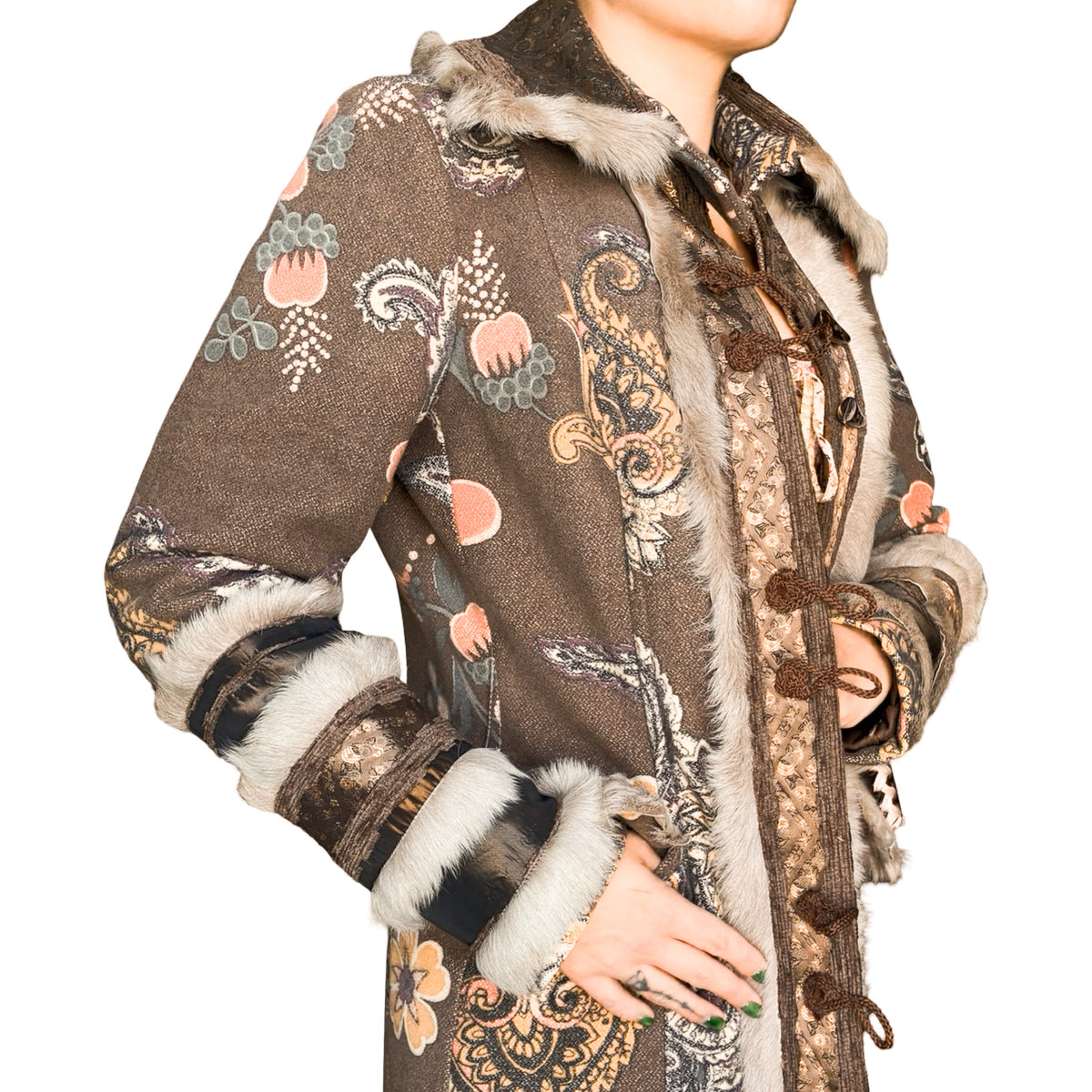 Italian Designer 90's Boho Brocade & Fur Coat