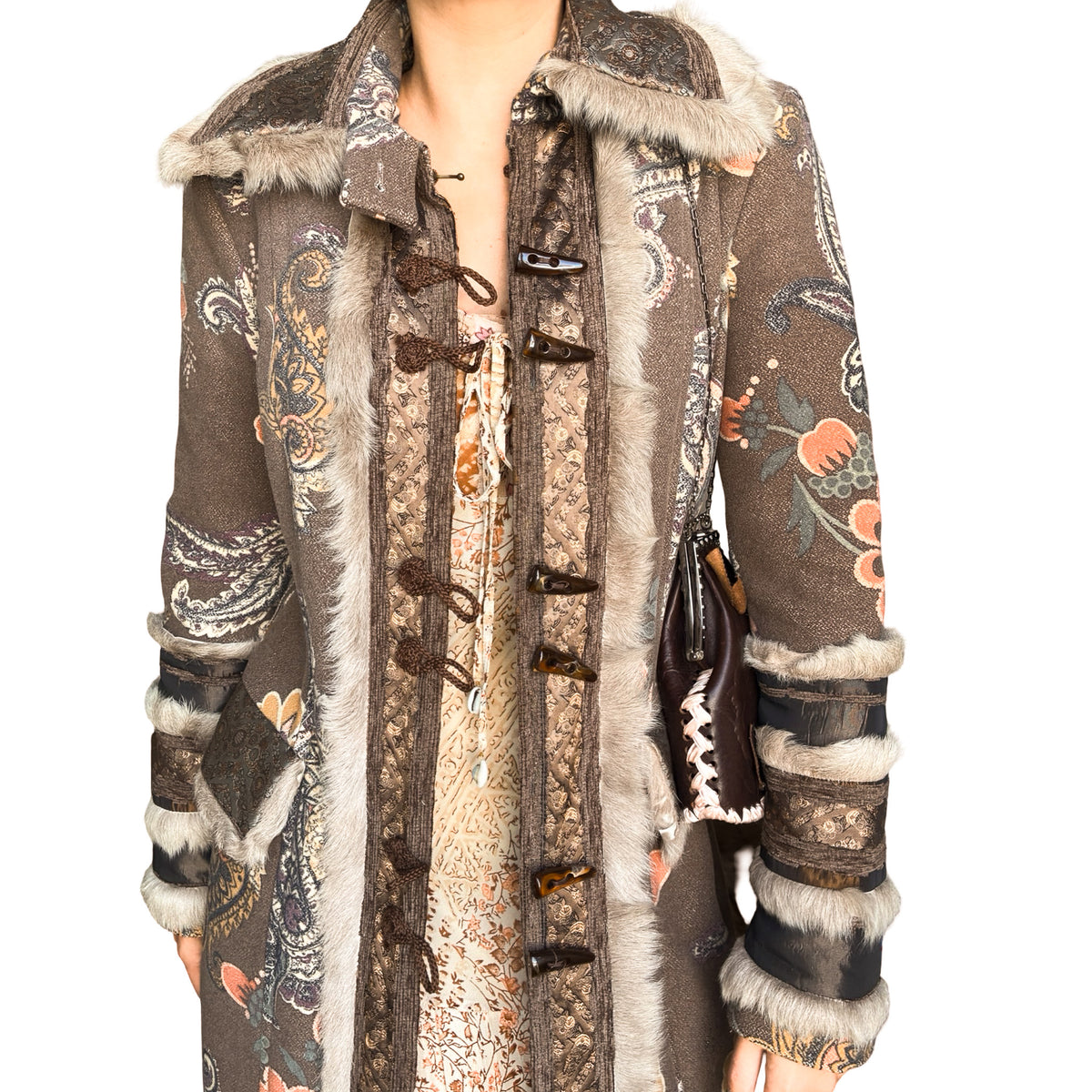 Italian Designer 90's Boho Brocade & Fur Coat