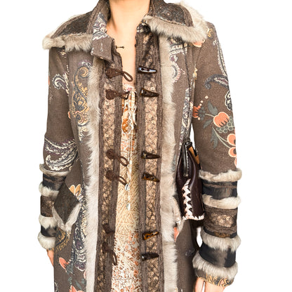 Italian Designer 90's Boho Brocade & Fur Coat