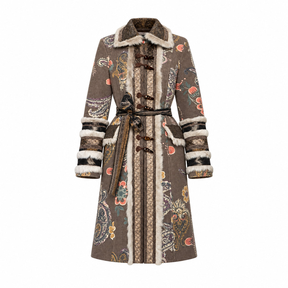 Italian Designer 90's Boho Brocade & Fur Coat