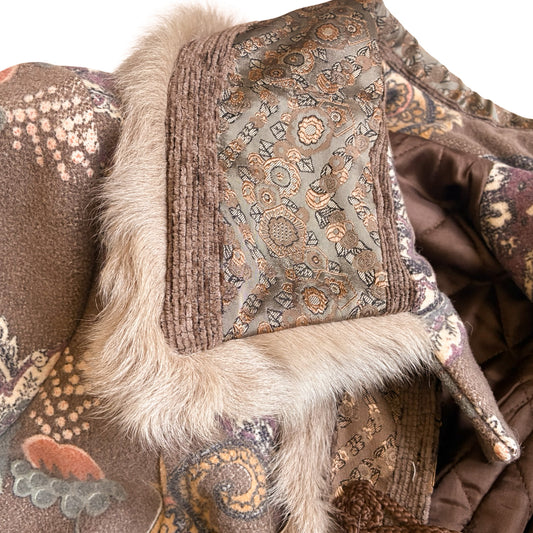 Italian Designer 90's Boho Brocade & Fur Coat