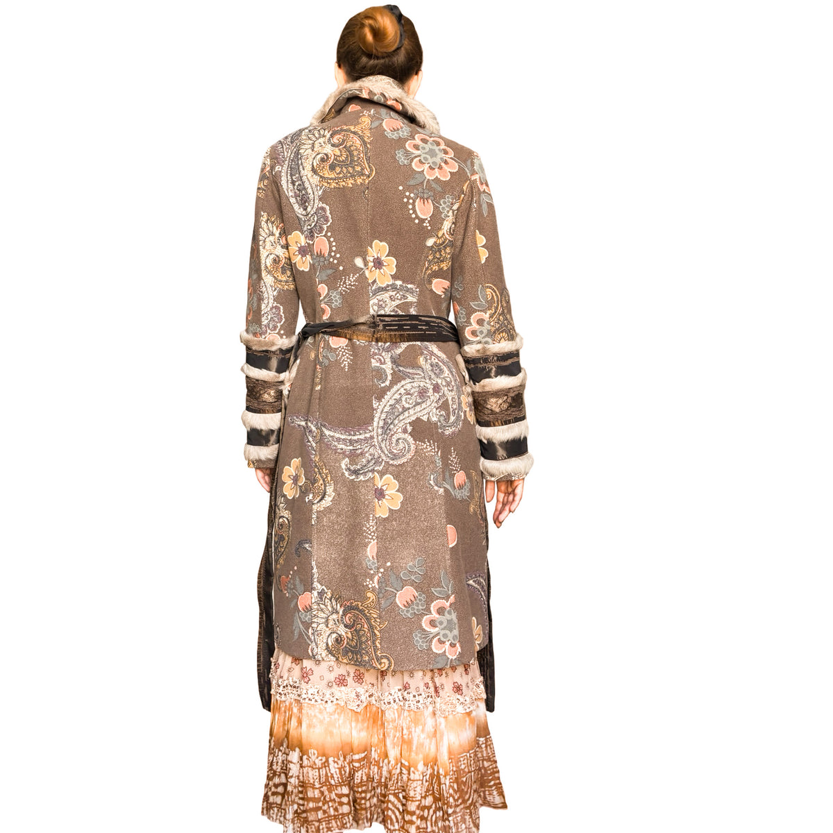 Italian Designer 90's Boho Brocade & Fur Coat