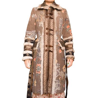 Italian Designer 90's Boho Brocade & Fur Coat