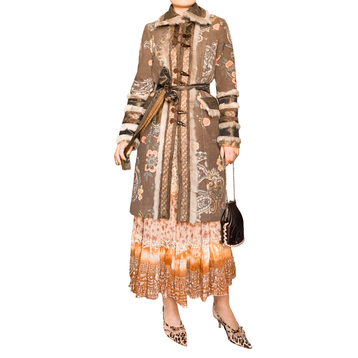 Italian Designer 90's Boho Brocade & Fur Coat